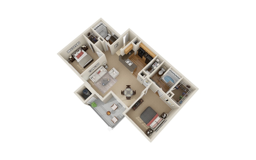 B2 - 2 bedroom floorplan layout with 2 bathrooms and 1000 square feet