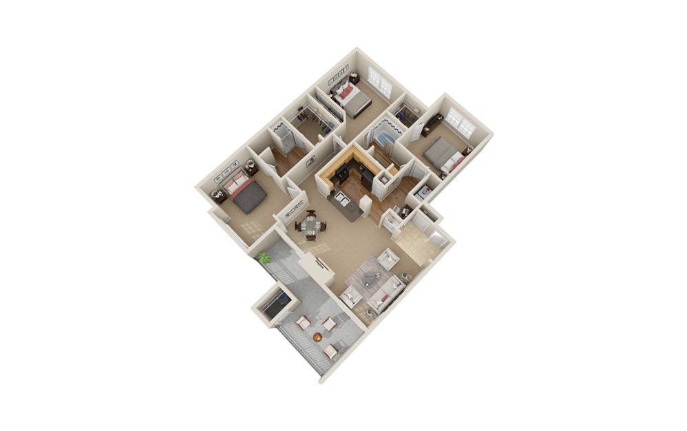 C1 - 3 bedroom floorplan layout with 2 baths and 1330 square feet.